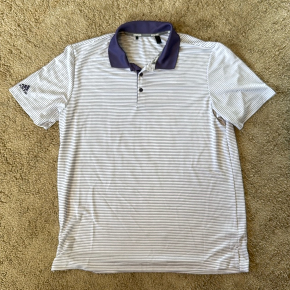 Adidas White & Purple Striped Golf Polo